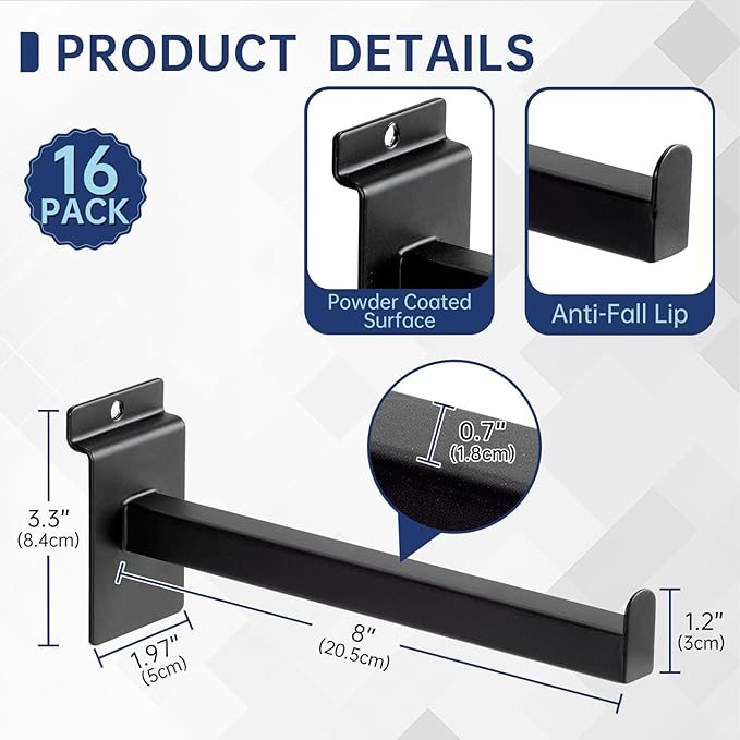 16 Pack Heavy Duty Tube Slatwall Shelf Brackets, Metal Tubular Slat Wall Brackets with Lip, Slatwall Accessories for Garage, Retail, and Home Storage (8 Inch)