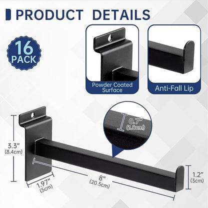 16 Pack Heavy Duty Tube Slatwall Shelf Brackets, Metal Tubular Slat Wall Brackets with Lip, Slatwall Accessories for Garage, Retail, and Home Storage (8 Inch)