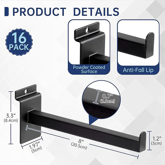 16 Pack Heavy Duty Tube Slatwall Shelf Brackets, Metal Tubular Slat Wall Brackets with Lip, Slatwall Accessories for Garage, Retail, and Home Storage (8 Inch)
