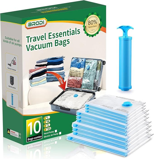 BRODI Travel Vacuum Bags With Pump - Compression Storage Bags for Space Saving & Luggage Essentials (10 Combo Pack)