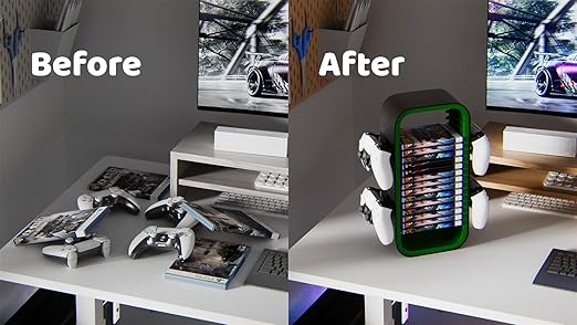 wigmoa Game Storage Tower【15.8INCH】 Compatible with PS5/ Xbox Series S & X/Switch, Universal Video Games Discs Organizers 18 PCS with 4 Controllers Holder, Game Disk Rack Shelf. OYO-1. (Black/Green)