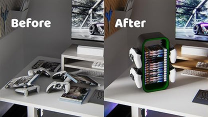wigmoa Game Storage Tower【15.8INCH】 Compatible with PS5/ Xbox Series S & X/Switch, Universal Video Games Discs Organizers 18 PCS with 4 Controllers Holder, Game Disk Rack Shelf. OYO-1. (Black/Green)