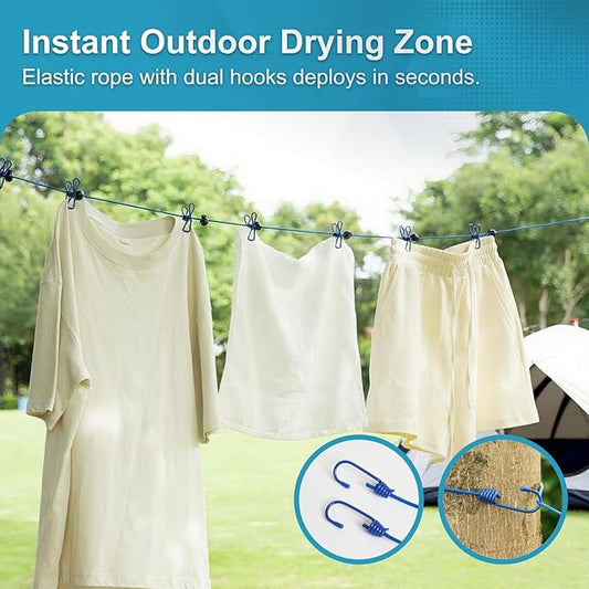 2 Pack Camping Portable Clothesline for Travel with 12 Clips, Blue Windproof Retractable Clothesline Kit for Camping, Home, Cruise, Hotel