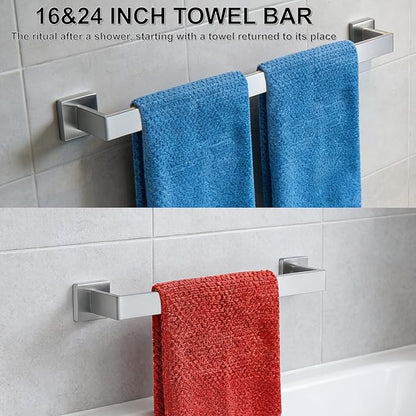 6 Pieces Bathroom Accessories Towel Bar SUS304 Stainless Steel Brushed Nickel Towel Holder Wall Mounted Heavy Duty Towel Rack Bathroom Towel Rod Modern Square Base Design(6, Brushed Nickel, 24 Inch)