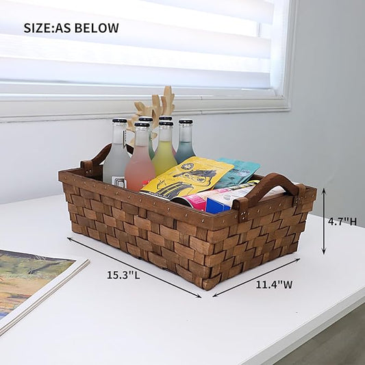 Rectangular Wicker Basket, Woven Wooden Storage Tray with Handles for Gift Bread (Dark Brown)