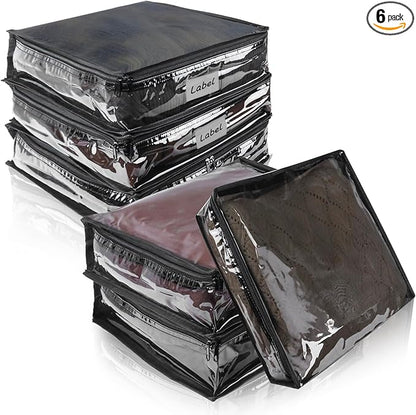 Clear Zippered Storage Bags Plastic Sweater Storage Bags with Zipper 6 Packs Clothing Organizer for Blankets Linen Sweater Bed Sheet Quilt Clothes Pillow (10.5 x 10.5 x 2.5 Inch, Black)
