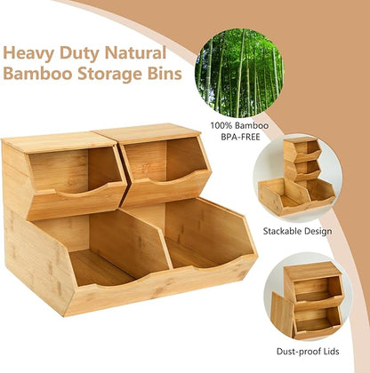 Bamboo Pantry Storage Bins with Lid - Stackable Baskets, Potato and Onion Storage, Wood Storage Bins for Pantry Baskets Organization and Storage, Kitchen Essential, Set 3 Pieces