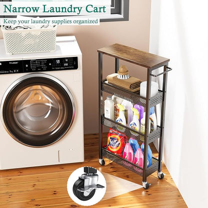 Slim Storage Cart 4 Tier Narrow Kitchen Rolling Cart on Wheels for Small Space, Mobile Utility Cart Shelving Unit with Wooden Top and Metal Handle for Kitchen, Bathroom, Laundry Room