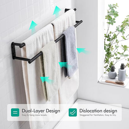 BAGNOLUX Double Towel Bar, SUS304 Towel Racks for Bathroom Wall Mounted 2-Tiers Ladder Towel Rails, Space Saving Bathroom Towel Holder Shelves Rack, Long Towel Hanger (32“-Round-Matte Black)