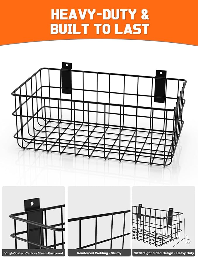 AZUNO 4 Pack Slatwall Baskets Set, Heavy Duty Metal Slat Wall Accessories Wire Baskets, Hanging Storage Organizer for Garage, Shop, Retail Display, Fits Standard Slatwall Panels