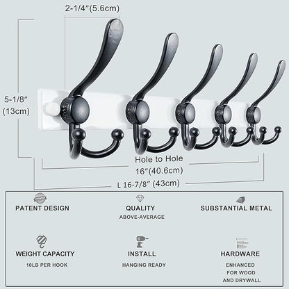 Dseap Coat Rack Wall Mount 2.0 Pro: Heavy Duty 300% Thicker, 16" Stud Mount, Stainless Steel Wall Coat Hooks Hanger for Clothes Jackets Hats Entryway Closet, MaxStrong Series, White & Black