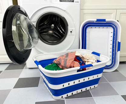 SAMMART 42L (11 gallons) Set of 2 Plastic Foldable Storage Basket/Container - Collapsible, Space Saving and Portable Laundry Hamper, Ideal for Home, Travel, Dorm (2, White/Dark Blue)