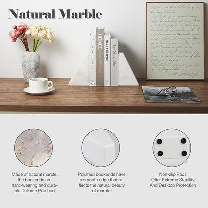Marble Book Ends Decorative, Unique Bookends for Shelves, White Stone Bookends Holds Heavy Books, Weighted Book Holder Stopper for Home Office Desk Bookshelf Decoration, Set of 2