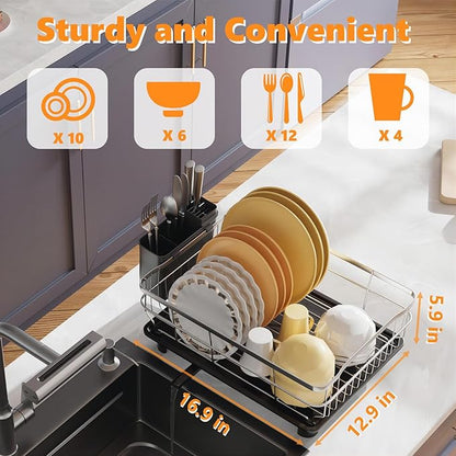 AIDERLY Stainless Steel Dish Drying Rack with Drainboard Dish Drainers for Kitchen Counter Extendable Spout Strainers with Utensil Holder and Knife Slots, Black