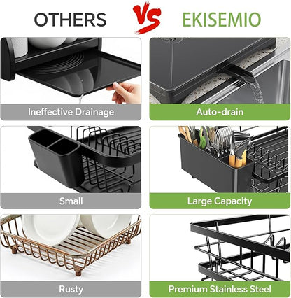 Ekisemio Dish Rack, Dish Drying Rack for Kitchen Counter, Dish Drainer with Cutlery Holder for Large Capacity, Kitchen Organizer for Dishes with Drip Tray, 12" D x 15.7" L, Black