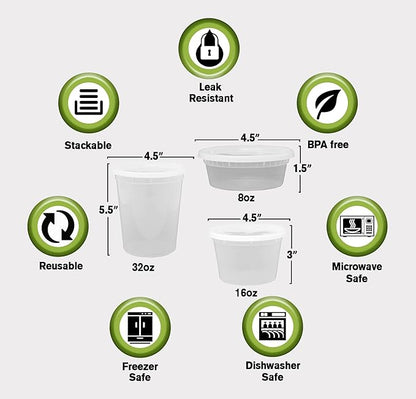 SafeWare Deli Containers with Airtight Lids 40 Set (8oz-12, 16oz-16, 32oz-12 Set) Perfect for Slime, Portion Control, Microwavable, Dishwasher, Freezer Safe, Leakproof, Stackable