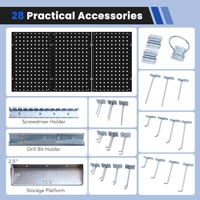 Pegboard Wall Organizer, 3 Pieces Metal Pegboard Panels with 25 Hooks, Storage Platform & Square Hole, Pegboard Kit for Utility Tools, Garage & Workshop(Black)