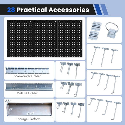 Pegboard Wall Organizer, 3 Pieces Metal Pegboard Panels with 25 Hooks, Storage Platform & Square Hole, Pegboard Kit for Utility Tools, Garage & Workshop(Black)