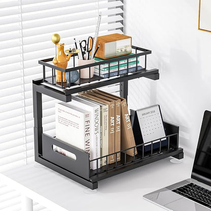 Toyear Under Sink Organizer, Heavy Duty Metal Pull Out Cabinet Organizer Slide Out Sink Shelf Organizer Height Adjustable, Multi-Purpose Storage Shelf for Kitchen Bathroom(Black,1Pack)