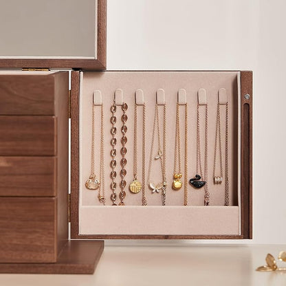 Homruilink Black Walnut Wooden Jewelry Box, Wood Jewelry Organizer with 2 Side Doors Mirror Lockable Classical Style for Watch Necklace Ring Earring Storage Christmas Gifts-4 Layer