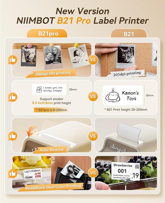 NIIMBOT B21 Pro Label Maker with Tapes, 300DPI HD Label Printer, Sticker Maker for Home Organization, Photo Print, Study Graphics, Scrapbook, White