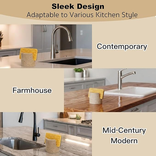 BekPooQ Luxury Travertine Sponge Holder – Fast-Drying, Rust-Proof Kitchen Sink Caddy, Non-Slip Base, Compact Stone Sponge Caddy for Kitchen Sink Counter, for Modern & Farmhouse Homes, Beige