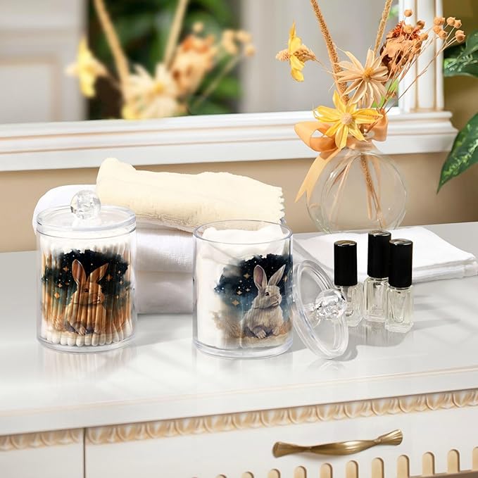MNSRUU 2 Pack Qtip Holder Organizer Dispenser Animal Rabbit Pink Bathroom Storage Canister Cotton Ball Holder Bathroom Containers for Cotton Swabs/Pads/Floss