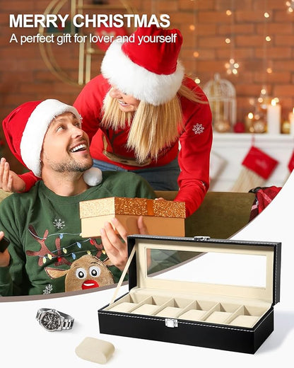 Uten Watch Box, 6 Slots Watch Case, Watch Box Organizer Jewelry Storage with Large Glass Lid, Watch Display Case, Watch Box for Men & Women