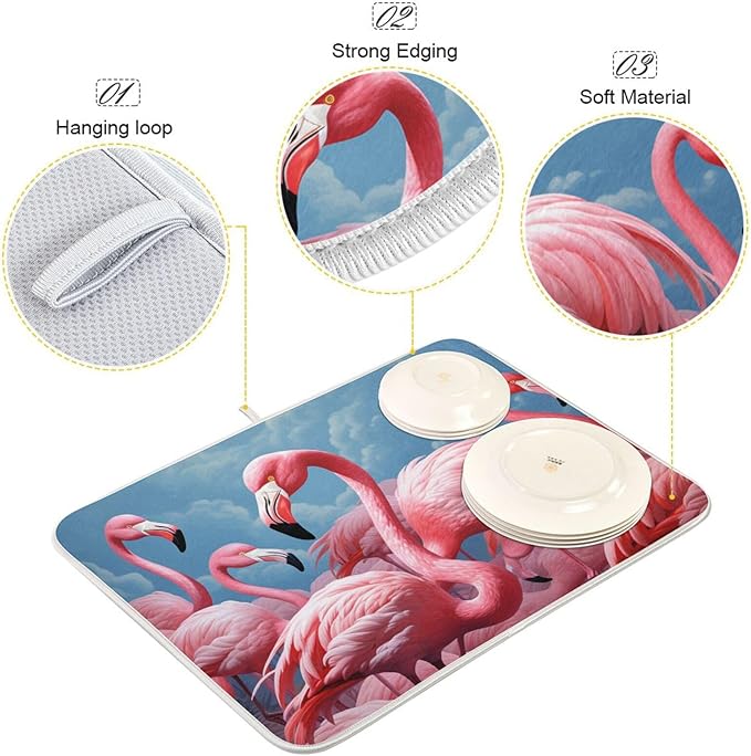 Lifelike Beautiful Pink Flamingo Microfiber Dish Drying Kitchen Countertop Table Protector Multipurpose Counter Rack Sink Drainer Pad (16" x 18")