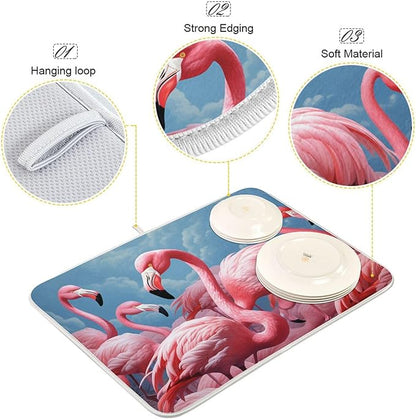 Lifelike Beautiful Pink Flamingo Microfiber Dish Drying Kitchen Countertop Table Protector Multipurpose Counter Rack Sink Drainer Pad (16" x 18")
