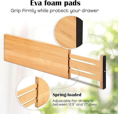 Fabsome Dresser Drawer Organizers 6 Pack, 4.65'' High Adjustable from 12.5-17‘’ Bamboo Drawer Dividers for Clothing Baby Clothes, Wooden Separators for Dresser Nursery Organization with Soft Foam Ends