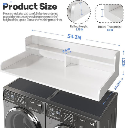 2-Tier Washer and Dryer Countertop with 2.75" H Guard,54" W x 27.5" D Laundry Countertop Cover with Non-Slip Pad,Large Space Laundry Topper for Folding Clothes Over Washer and Dryer-White