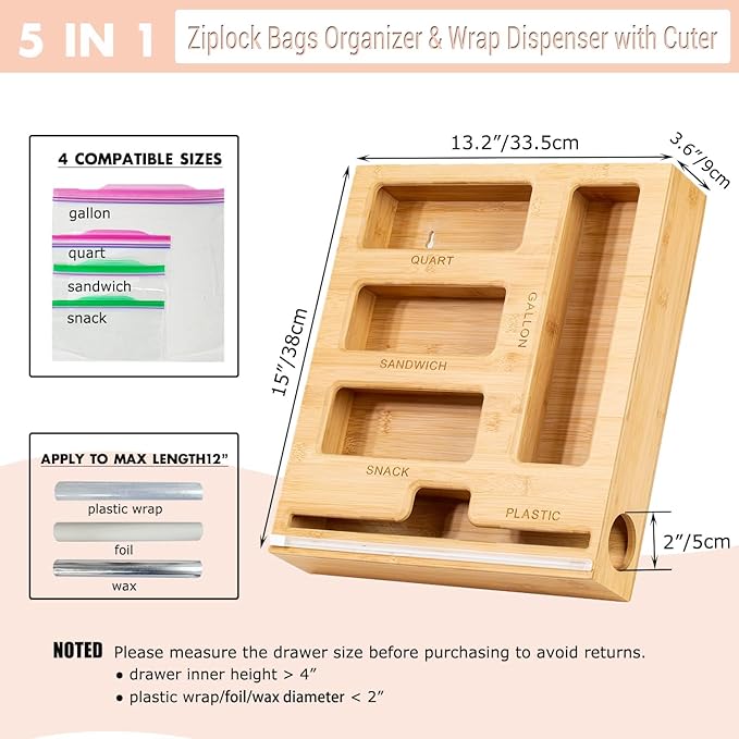 5 in 1 Bamboo Ziplock Bag Organizer Box and Plastic Wrap/Foil/Wax Dispenser with Cutter, Storage Box for Ziplock Bag (Gallon/Quart/Sandwich/Snack), Apply to Kitchen Drawer/Countertop/Wall