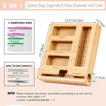 5 in 1 Bamboo Ziplock Bag Organizer Box and Plastic Wrap/Foil/Wax Dispenser with Cutter, Storage Box for Ziplock Bag (Gallon/Quart/Sandwich/Snack), Apply to Kitchen Drawer/Countertop/Wall