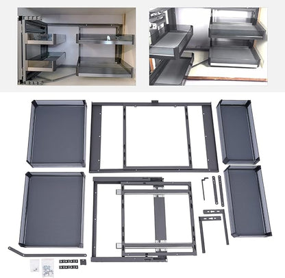 QIANMOON Kitchen Corner Cabinet Pull Out, Magic Pull Out Open, 2 Tiers Swing Tray, Blind Corner Soft Close, for Place Pots and Pans, Containers, Spice Jars