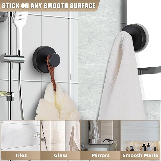 Fenas Suction Cup Hooks for Shower No-Drill Bathroom Hooks for Towels, Robes, Loofah Mountable on Bathroom Walls, Kitchen, Glass, Mirrors, Tile and Smooth,Non-Porous Surfaces (4, Matte Black)