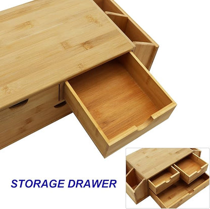 Bamboo Desk Organizer with Drawers, 2 Tier Wooden Desktop Organizer, Original Bamboo Desktop, Monitor Stands，for Office School Home Toiletries Supplies Vanity.