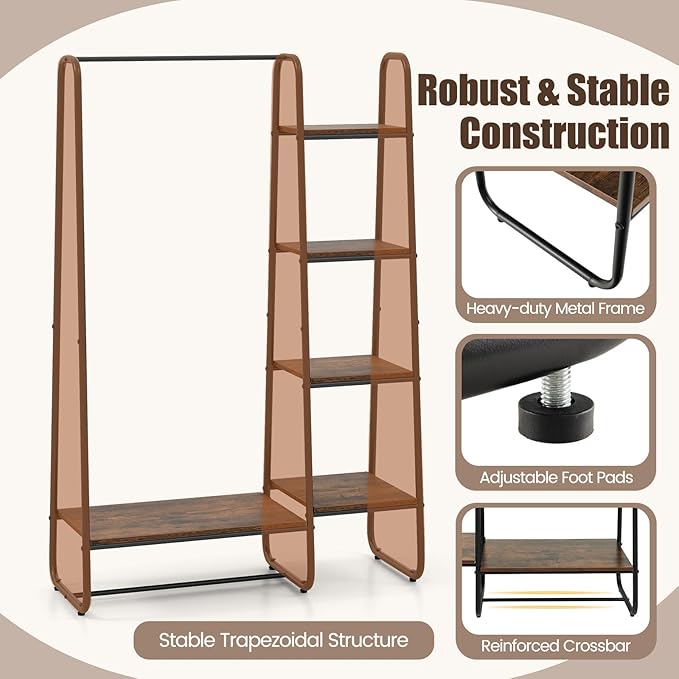 Tangkula Garment Rack with Shelves, Clothes Rack with 5 Shelves & Hanging Bar, Open Wardrobe for Hanging Clothes and Storage, Free Standing Closet Organizer, Clothing Rack for Bedroom Entryway