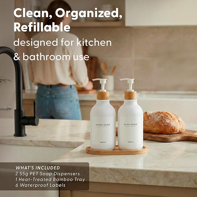 Maisonovo Plastic Soap Dispenser Set | Hand Soap and Dish Soap Dispenser Set | 16.9oz Amber Bottles with Black Bamboo Pump | Bathroom Lotion Dispenser with Pump Set of 2