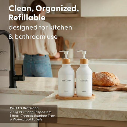 Maisonovo Plastic Soap Dispenser Set | Hand Soap and Dish Soap Dispenser Set | 16.9oz Amber Bottles with Black Bamboo Pump | Bathroom Lotion Dispenser with Pump Set of 2