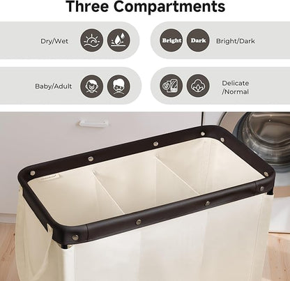 StorageWorks 3 Section Laundry Hamper, Rolling Laundry Cart with Wheels and Handles, Laundry Room Double Sorter for Organizer and Storage, 31.7 Gal(120L), Beige