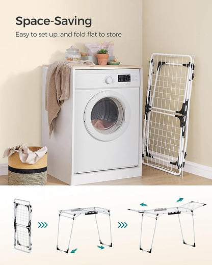 SONGMICS Clothes Drying Rack Foldable, Gullwing Laundry Drying Rack, Space-Saving, 22.2 x 68.1 x 38 Inches, Sock Clips, Metal Structure, for Clothes, Towels, Linens, Indoor, Outdoor White ULLR518W01
