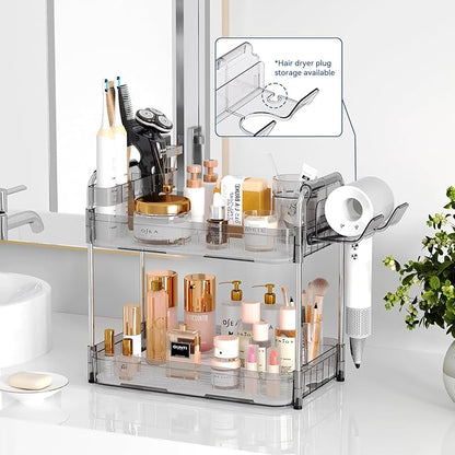 AmzAge Bathroom Countertop Organizer,Makeup Counter Organizer With Hair Dryer Holder,Compatible with Dyson Blow Dryer,Electric Toothbrush And Toothpaste Holder,2-Tier Detachable Design,Transparent
