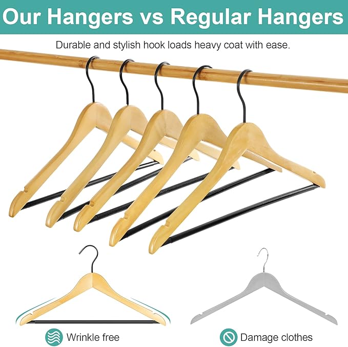 Perfecasa Premium Quality Solid Wood Clothes Hangers for Suits and Coats, Smooth Finishes, Non-Slip Pants Bar, 360° Swivel Soft Coated Hooks. Pack of 20(Clear Natural)