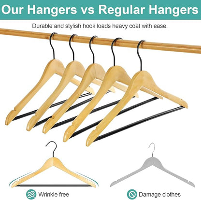 Perfecasa Premium Quality Solid Wood Clothes Hangers for Suits and Coats, Smooth Finishes, Non-Slip Pants Bar, 360° Swivel Soft Coated Hooks. Pack of 20(Clear Natural)
