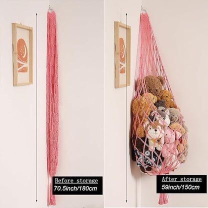 Stuffed Animal Net or Hammock Corner Hanging Net for Stuffy Animal Storage Macrame Toy Display Plush Toy Holder Wall Pet Net for Nursery Kid Bedroom Decor Playroom Organizer (Pink XL)