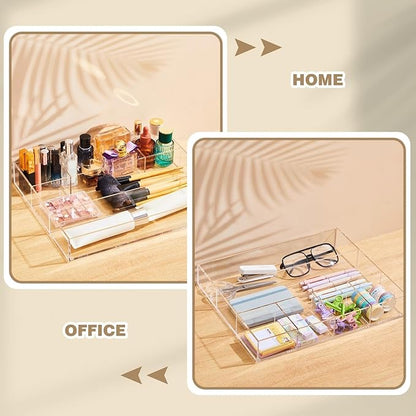 Briwooody Large Acrylic Desk Deep Drawer Organizer with Adjustable Dividers, Anti-Skip Clear Desk Top Organizer Tray for Pens, Desktop, Office, Bathroom, Kitchen, Makeup Supplies(6 Compartments)