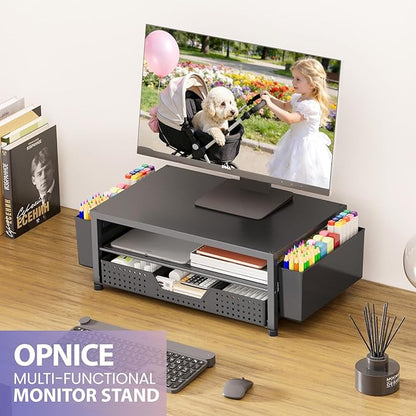 OPNICE Desk Organizer and Accessories, 2-Tier Computer Monitor Stand Riser with Drawer and 2 Pen Holders, Laptop Stand, Office Desk Accessories for Office Supplies, Black 2-Pack