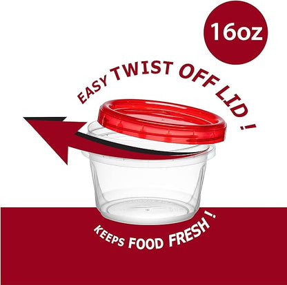 ELEGANT DISPOSABLES (16 Ounce 20 Pack) Twist cap Containers Clear Bottom With Red Top Screw on Lids Twist Top Food Storage Freezer Containers