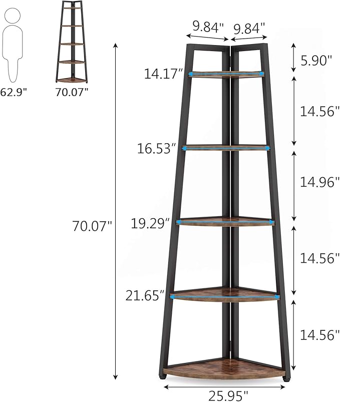 Tribesigns 5 Tier Corner Bookshelf and Bookcase, 70 inch Tall Corner Shelves Standing Shelving Unit Indoor Plant Stand for Living Room, Kitchen, Home Office (Brown)